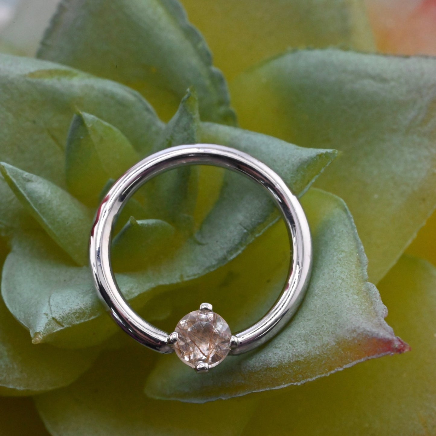 Fixed Ring with 3mm Round Prong Set Gemstone - Nipple Orientation - Agave in Bloom