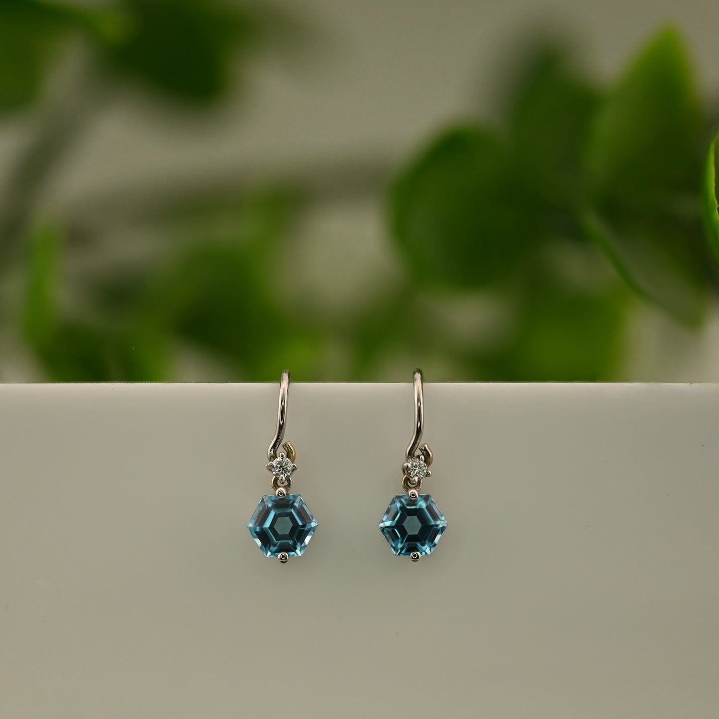Hexagon Swiss Blue Topaz Dangle White Gold Earring Pair