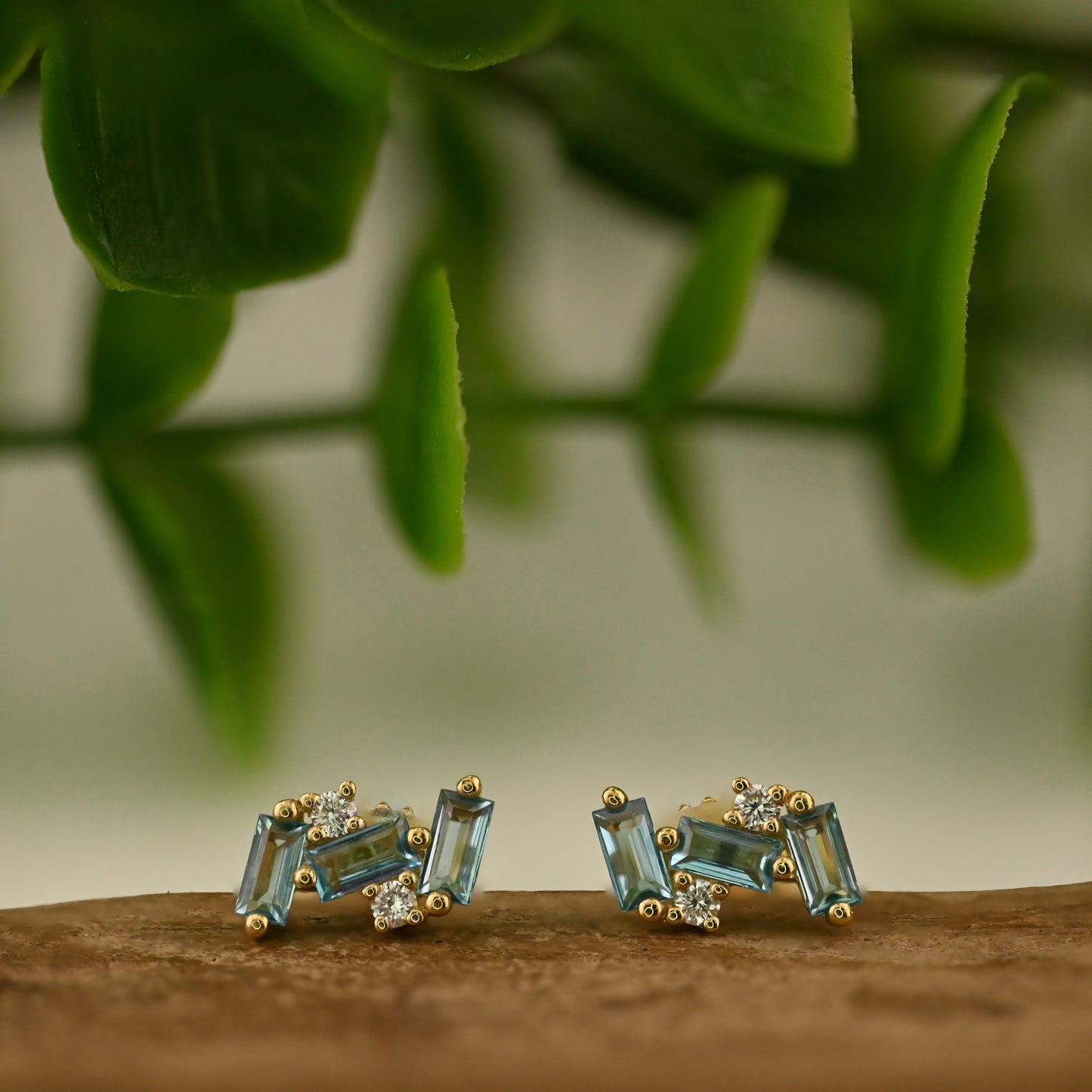 Triple Baguette Stud Earrings with Diamond Accents - Pair