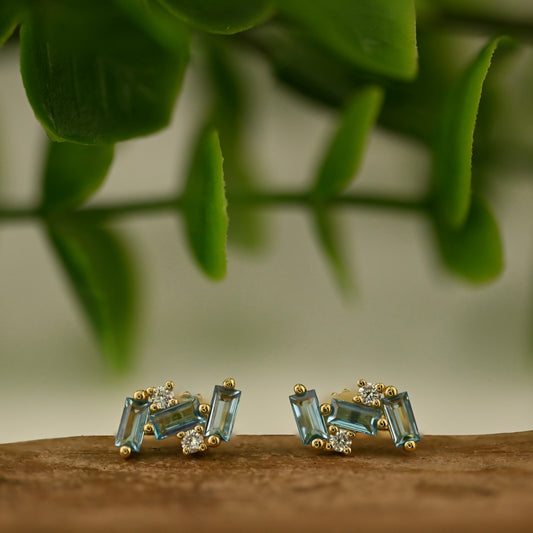 Triple Baguette Stud Earrings with Diamond Accents - Pair