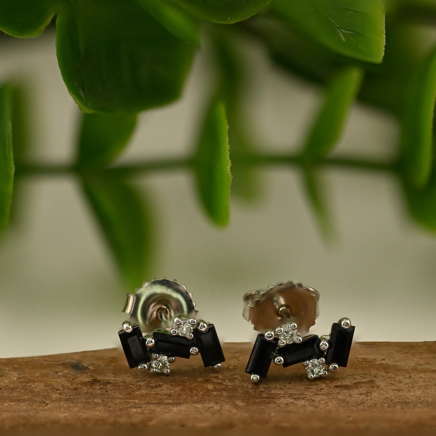 Triple Baguette Stud Earrings with Diamond Accents - Pair