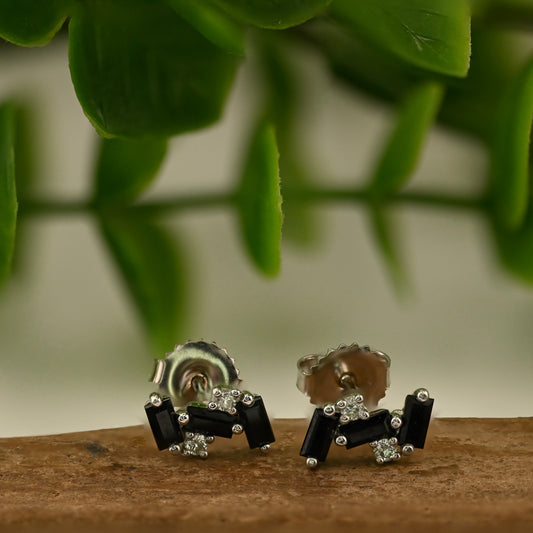 Triple Baguette Stud Earrings with Diamond Accents - Pair