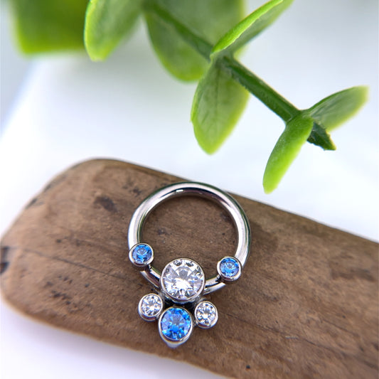 Front Threaded Captive Bead Ring with Front Facing Gems and 4 Gem Captive Cluster