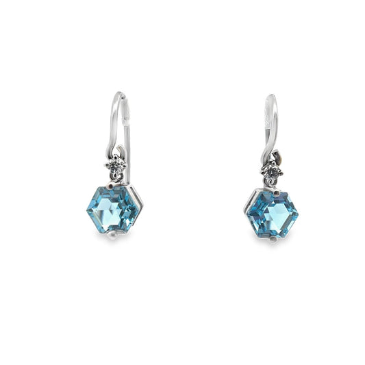 Hexagon Swiss Blue Topaz Dangle White Gold Earring Pair - Agave in Bloom