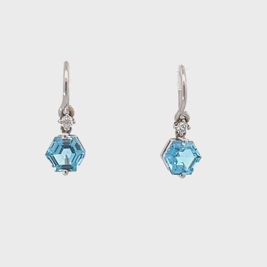 Hexagon Swiss Blue Topaz Dangle White Gold Earring Pair