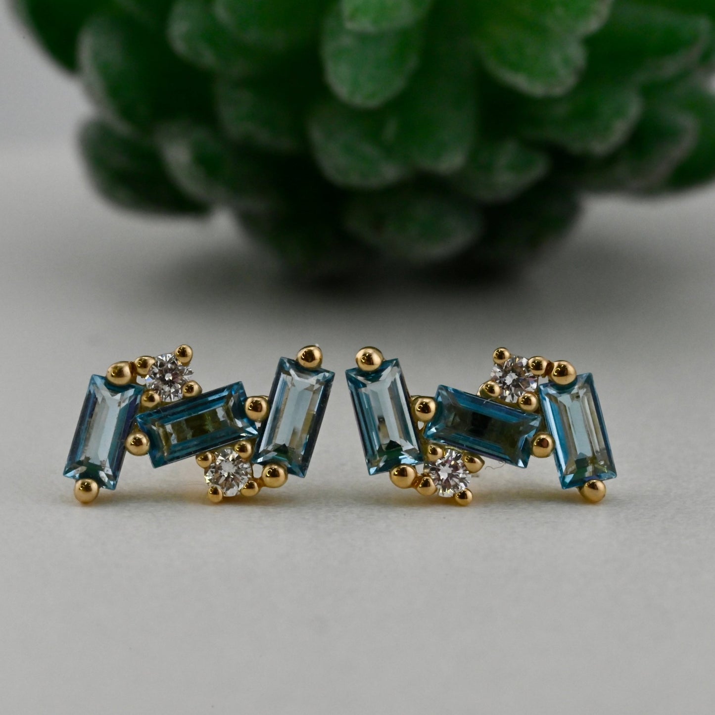 Triple Baguette Stud Earrings with Diamond Accents - Pair - Agave in Bloom