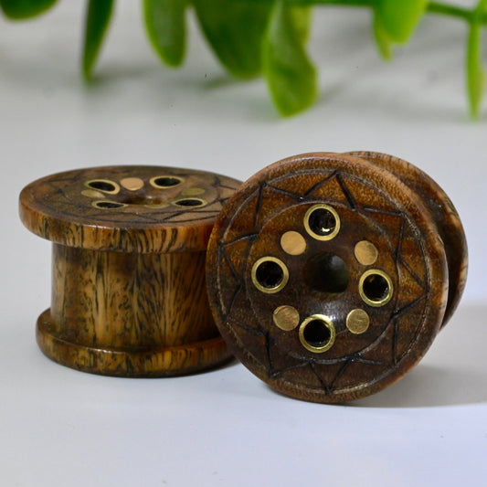 Wood and Brass Cenote Plugs - Pair - Agave in Bloom