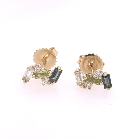Triple Baguette Stud Earrings with Diamond Accents - Pair