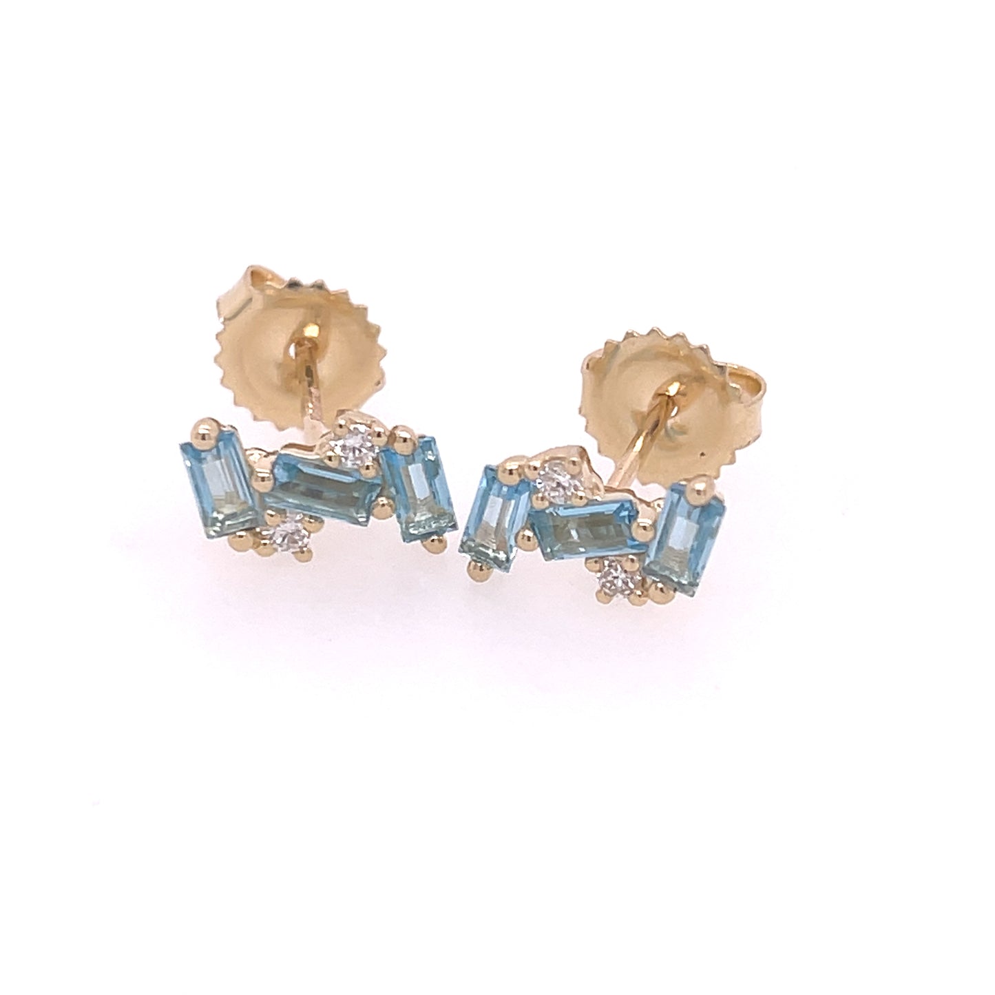Triple Baguette Stud Earrings with Diamond Accents - Pair